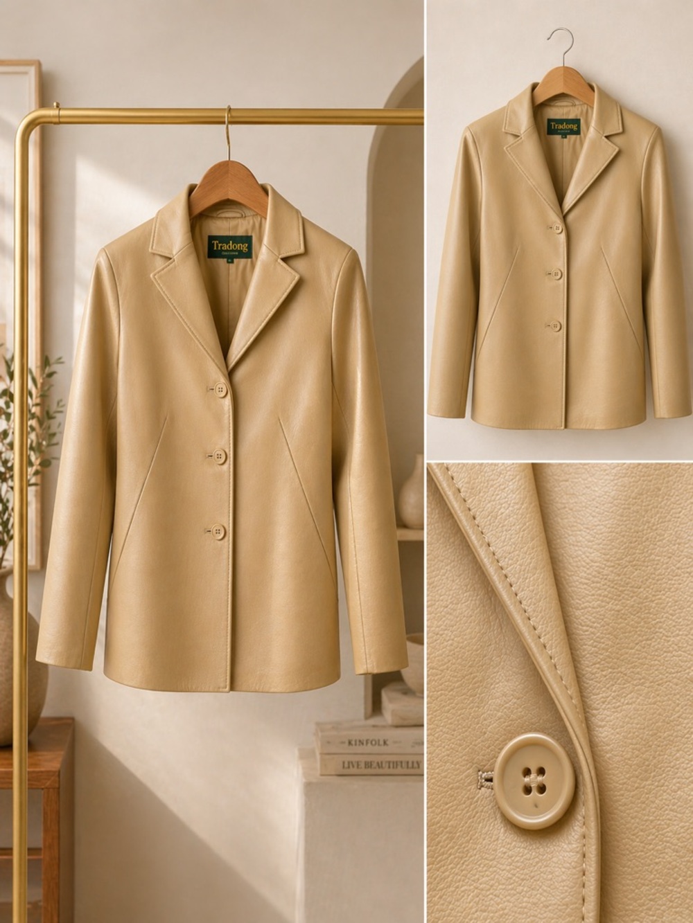 Tan Leather Blazer XS Genuine Lambskin Tailored Minimal Classic Jacket - Picture 4 of 8